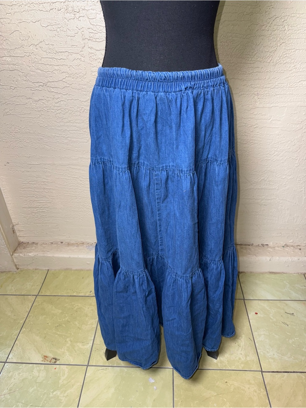 Vtg Glen Cove Chambray Tiered Maxi Skirt XL Cottagecore Boho Prairie - Picture 2 of 13